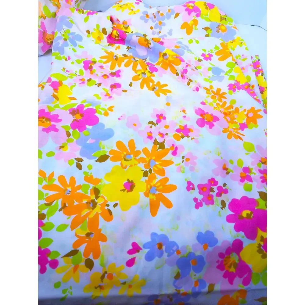 Vtg 70s Springmaid Twin Flat Sheet Retro Pink Yellow Orange Floral Mod Bedding